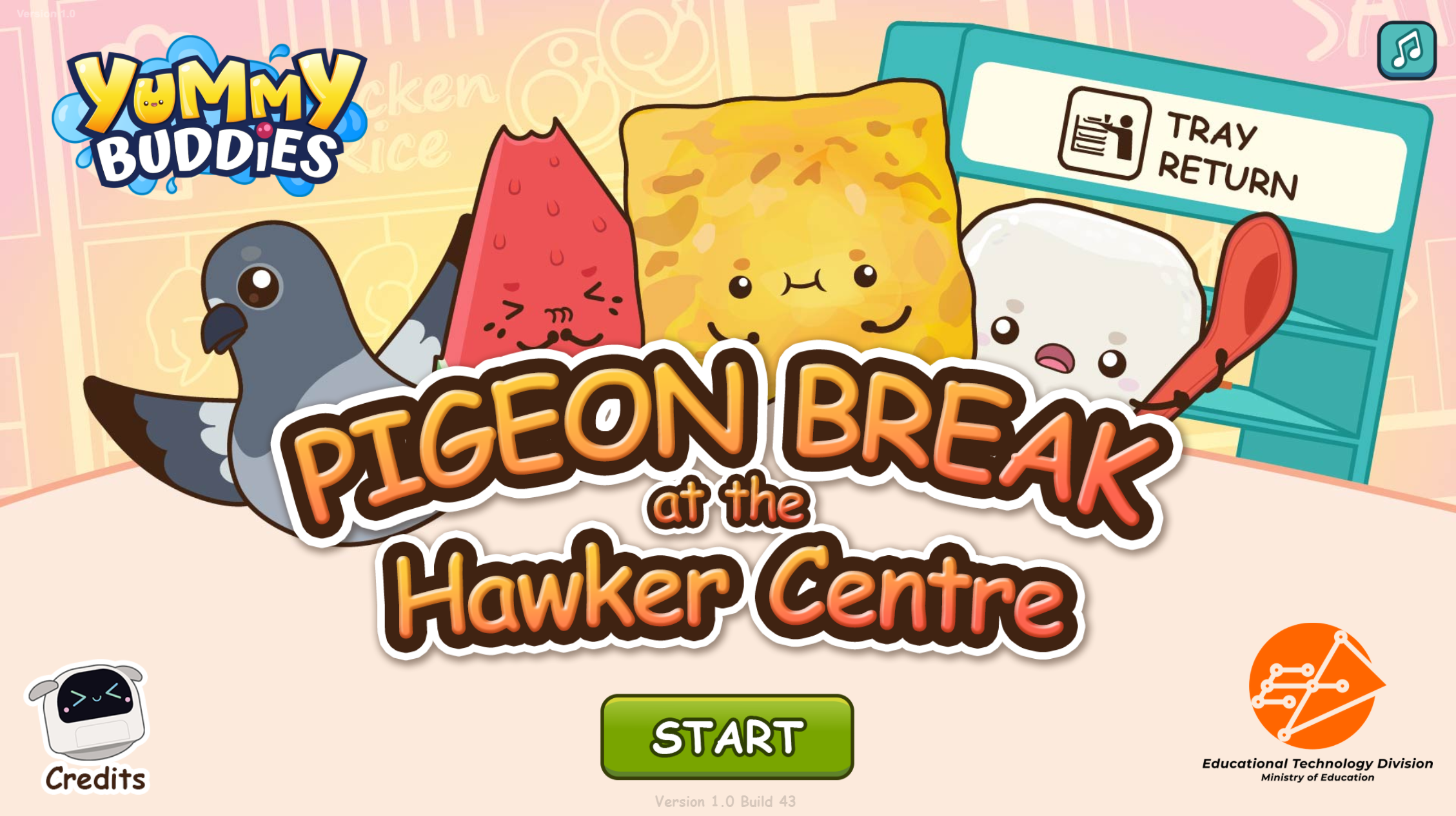 Title card for "Pigeon Break at the Hawker Centre" featuring a pigeon standing beside Merry, Flip, and Bouncy near a hawker tray return rack.